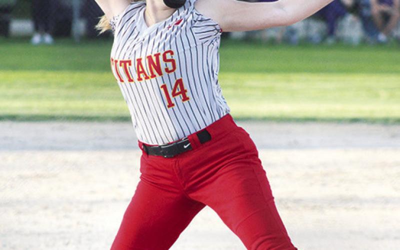 Lady Titan Senior, Hailey Ediger, tossed her 100th strike out of the season in the, 6-3, upset win over the undefeated, Kansas Class 5A, Pittsburg Lady Purple Dragons, Tuesday, on Rockett Field.