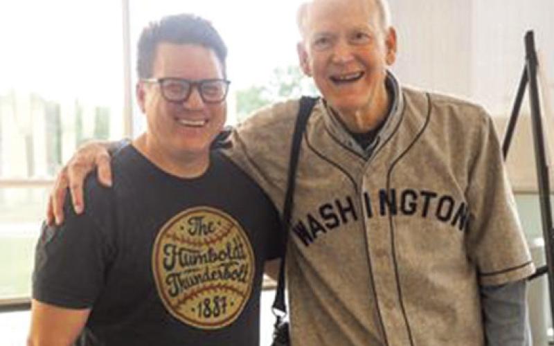 Film maker Aaron Thompson with Hank Thomas, grandson of baseball legend Walter Johnson, during a screening event at the Bicknell Family Center for the Arts. Johnson pitched for the Washington Senators in the early 1900’s. He is best known for his duels with another legend, Babe Ruth. Courtesy photo.
