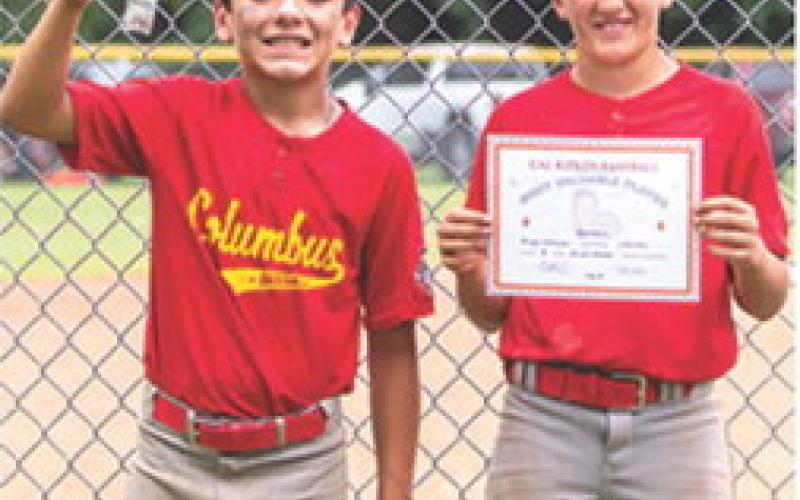 (LEFT) Lucus Haviland received the WOW Award and Briggs Johnson was named Most Valuable Player in the Columbus Cal Ripken 10U All-Stars Game 8 win over Frontenac, 7-6, in the Kansas Cal Ripken District 5 Tournament, Saturday, in Parsons. Photo by Kristin Sharp.