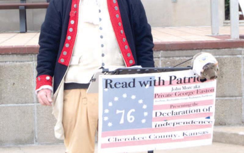 Reading with the Patriots, from the Courthouse steps, John More, Eudora, has read patriotic papers from the steps of 80 courthouses across Kansas. He will conclude his readings on December 26.