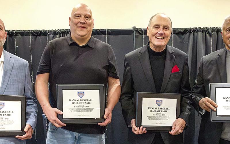 Don Karnes, (third from left) former Baxter Springs coach, was inducted into the Baseball Hall of Fame. Walter Johnson, Fred Clarke and Frank Isbell were also inducted. Courtesy photo.
