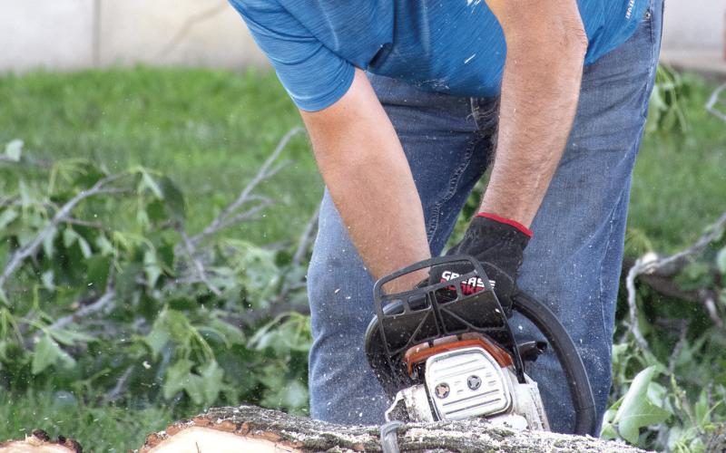 County Facilities Maintenance Director Mike Thomas was busy Monday morning removing debris from the courthouse lawn. The large branch from a sweetgum tree fell during storms that ripped through the county Saturday evening.