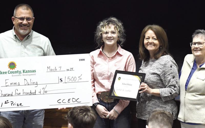 Columbus High School senior, Emma Duling was the top prize winner in the Cherokee County Youth Entrepreneurship Challenge held Thursday at Galena High School Auditorium. Duling’s project Twisted E Leather won the challenge over 27 entries in the challenge. Duling will be eligible to compete in the state contest later this year. She is receiving her $1,500 first prize from Shawn Carter, Donna Westervelt and Teri Feagan all of Labette Bank, a sponsor of the event. A complete list of winners and projects will
