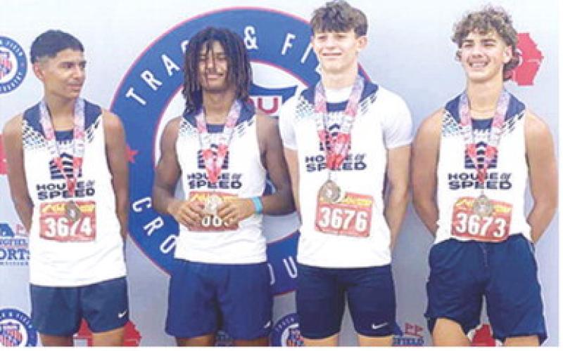 Cole Howard (far right), Columbus Titan Thinclad, joined House of Speed and Riverton Ram teammates, Abel Ibarra, Aydin Witherspoon, and Tucker Martin to form the 15-16 year-old 4x100 Meter Relay that placed third in the AAU Region 16 Track and Field Meet, June 26-29 in Springfield, Mo. The team qualified for the AAU Junior Olympics Meet to be held July 28-August 2 in Humble, Texas.