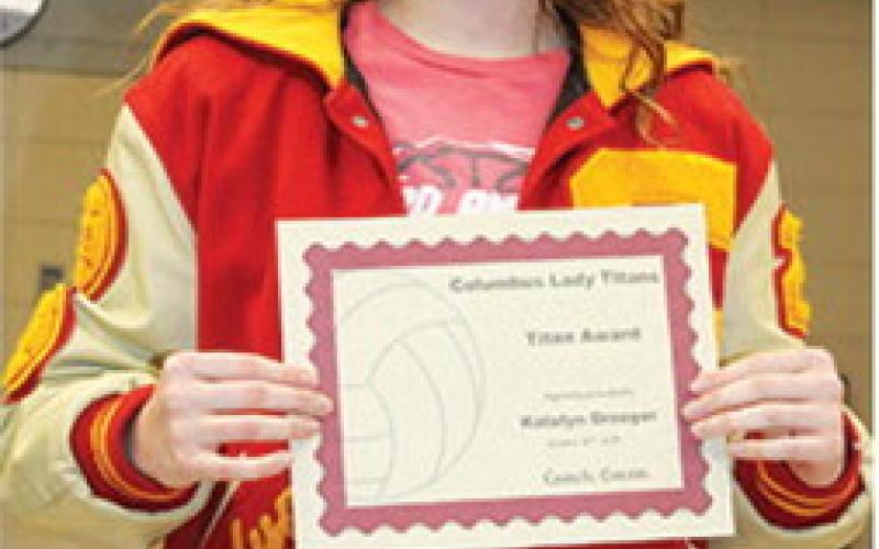 Lady Titan Senior, Katelyn Draeger, received the Titan Award and Best Leader Award during the Lady Titan Volleyball end of season banquet at the Columbus Unified High School Gymnasium in October.