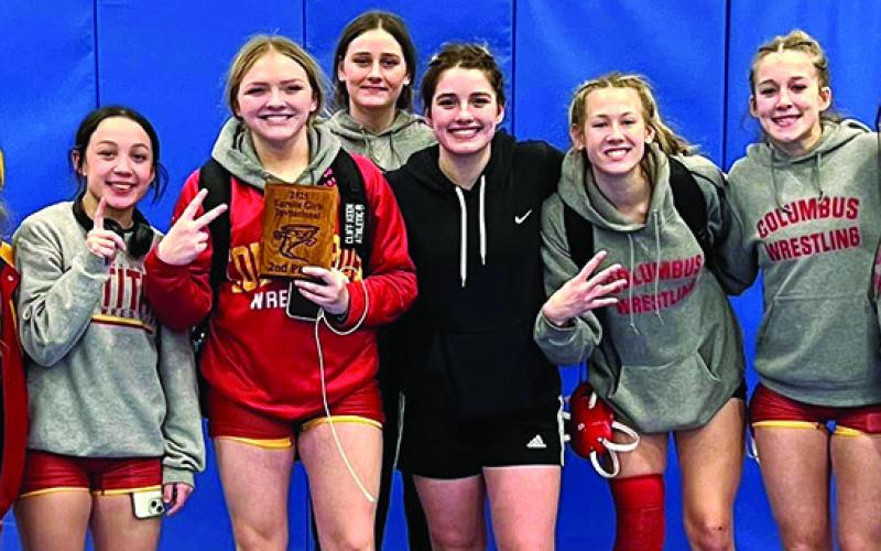 The Columbus Lady Titans placed second in the Fifth Annual Eureka Girls Invitational, Saturday, in Eureka. Amory Neely, Hannah Noel, Emily Britt, Adalynn Hutto, Brooklyn Collingsworth, Cara Altis, Tatum Kirk and Gemma Hidalgo earned 120.5 team points to place second in a field of 26 teams. Sophomore, Hannah Noel, wrestled to a first place win in the 100 pound class earning 30 team points. See full results on page seven of today’s News-Report. Courtesy photo.