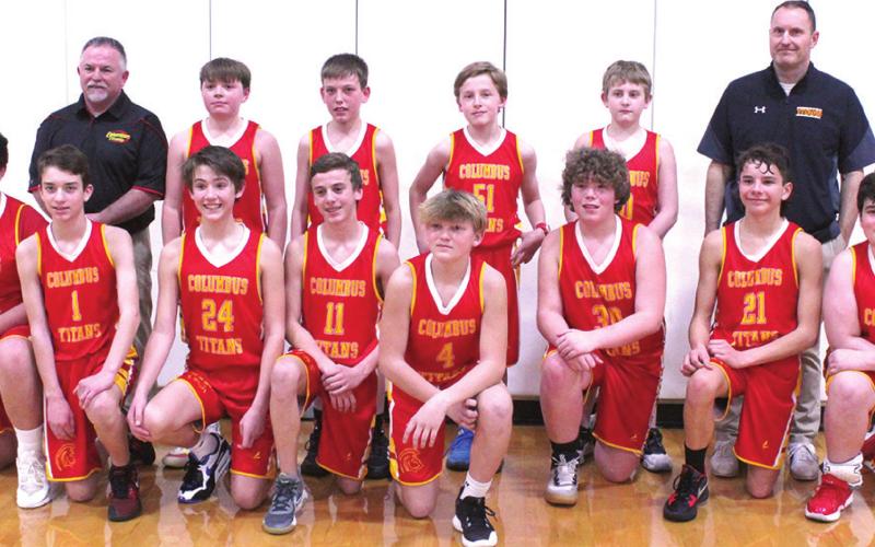 The Central Junior High Titan Seventh Grade Basketball Team placed fifth in the final CCCJL Tournament, Monday in Baxter Springs. The Titans took wins over Galena and Frontenac in the consolation bracket to earn the fifth place distinction. Team members and coaches are front row: Brody Matson, Braxtyn Brown, Kooper Saiz, Levi Simpson, Dane Merrick, Jacob Zook, Drake Laurance, and Cohen Rogers. Back row: Coach Mick Tedlock, Ethan Midgett, Carter Woodcock, Brayden Green, Kolton Delmont, and Coach Aaron Rider.