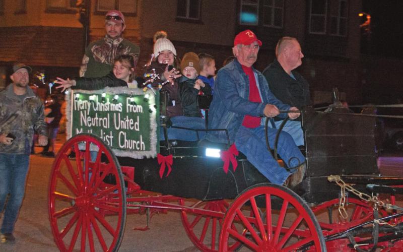 Neutral Methodist Church’s entry in the Chamber of Commerce Christmas parade included Jack Cossairt and his team of horses. The parade took place Wednesday, December 1.