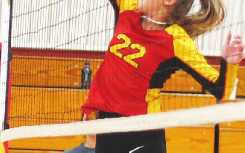 Lady Titan Sophomore, Harley Long, makes a play on the ball during the team scrimmage, Monday night prior to Meet the Titans at the CUHS Gym.