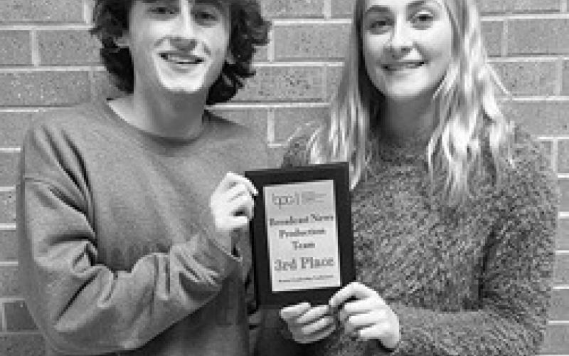 Columbus High School Business Professionals of America attended the State Leadership Conference in Wichita last week. John Smith and Mallory Thompson (pictured) placed third for Broadcast News Team, qualifying them to compete at Nationals in Chicago this May. Fifth place for Financial Analyst Team went to, Brandon Stice, Lydon Lovesee and Tavin Rasmussen and sixth place for Financial Analyst Team was awarded to Lilian Ruddick and Kolton Delmont. Courtesy photo.