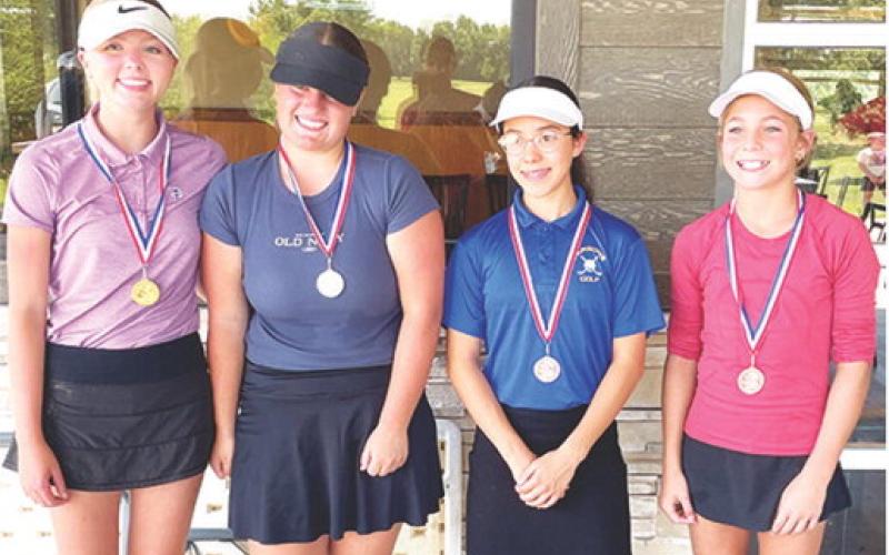 Columbus Junior Golfers, Cali Carpino, Fallon Smiley, and Tyler Kirk placed first, second, and fourth in the girls 12-14 age group at the Columbus Tournament held Tuesday on their home course at the Brush Creek Golf and Grill. Mary Mall, Parsons placed third. Courtesy photo.