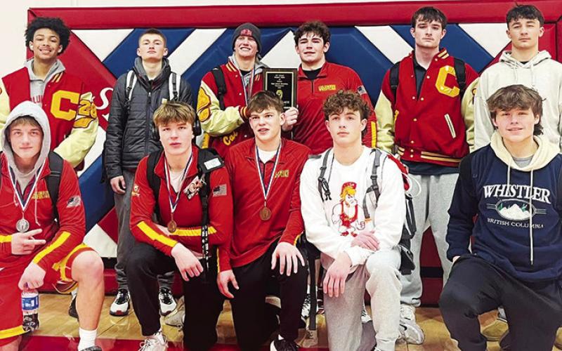 The Columbus Titans placed third in the 63rd Annual People’s Bank of Seneca Wrestling Tournament, Saturday. Team members are front row: Braun Stone, Chase Pelt, Shade Schuberger, Wyatt Pool, and Fabe Robison. Back row: Kai Langerot, Carlson Britt, Cal Saporito, Kash Smith, Mason O’Banion, and Jayden Rodriguez. Courtesy photo.