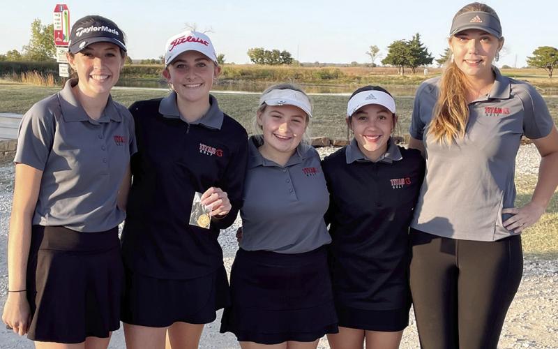 The Columbus Lady Titan Golf Team placed third at the Caney Valley Regional Tournament, Monday, qualifying them for the Kansas Class 3-1A State Tournament, Monday-Tuesday, in Emporia. Team members are Natalie Wary, sophomore; Mallory Thompson, senior; Amory Neely, sophomore; Hannah Noel, sophomore; and Anna Head, senior. Courtesy photo.