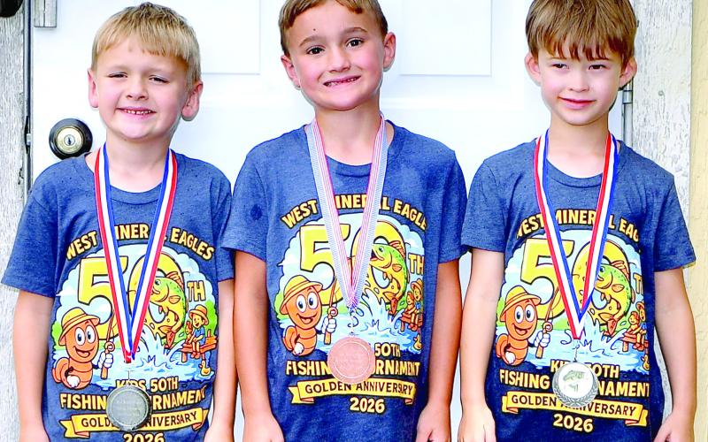 West Mineral fishing derby winners in the ages three-six bass category incldued Daxton Wimp, first, with a 4.74 catch. He also placed third in the crappie class. Maverick Babcock, second, with a catch of 2.51 pounds and Dystan Moyer, third, 2.03 pounds. Courtesy photo.