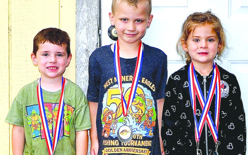 In the West Mineral Eagles fishing derby perch class, Maverick Grant placed first with a weight of 1.43 pounds. Conley Nickles placed second with .46 pounds and Adley Ellison placed third with .44 pounds. Ellison also plced second in the crappie class with a weight of .68 pournds. Courtesy photo.