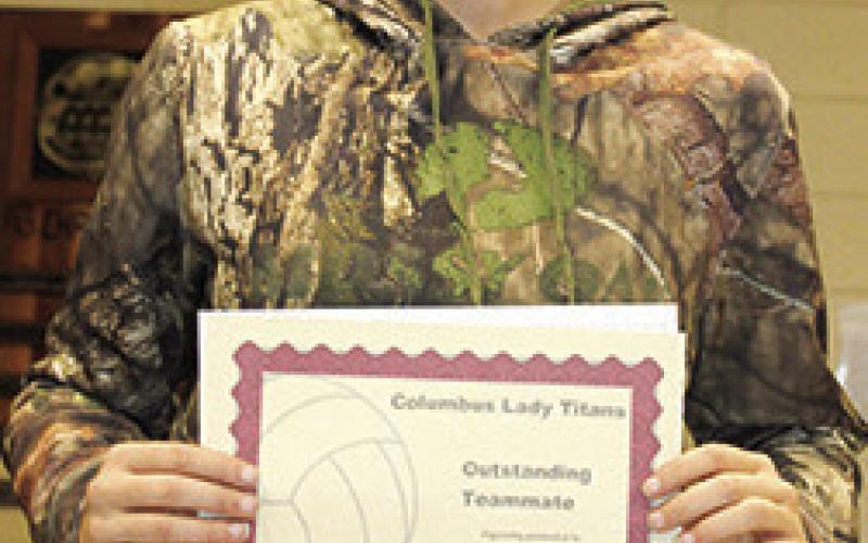 Lady Titan Senior, Trinity Adoremos, received the award for Defensive Player as a Libero for the Lady Titan Volleyball Team at the end of season banquet in the Columbus Unified High School Gymnasium in October.