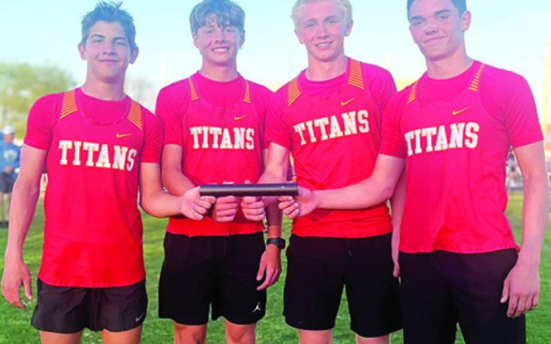 The Titan Eighth Grade Boys set a new mark of 4:00.49 minutes, in the 4x400 Meter Relay, improving on the record, 4:01.3 minutes, they set last week at the Galena Invitational Meet. The team has three meets remaining before the CCCJ League Meet, April 28 to continue to improve on their time. Courtesy photo.