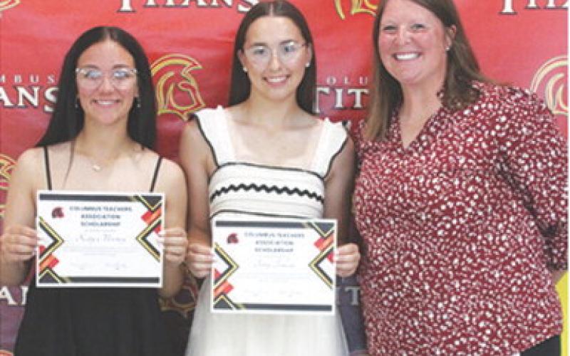 Katy Mooney and Torey Tedlock each received a $300 Columbus Teacher’s Association Scholarship during the 2025 Senior Assembly at the Columbus Unified High School Gymnasium, May 16. Incoming CUHS Principal, Anna Moser presented the scholarships.