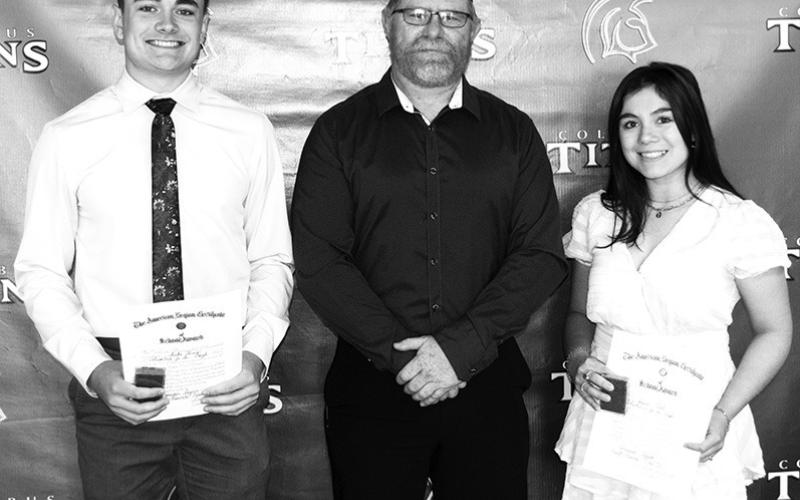 CUHS Seniors Luke Gray and Grace Noel each received an American Legion Award and Scholarship in the amount of $250. The awards were presented by American Legion representative Aron Davolt during the Columbus Unified High School Senior Awards Ceremony, May 17 at the high school gymnasium.