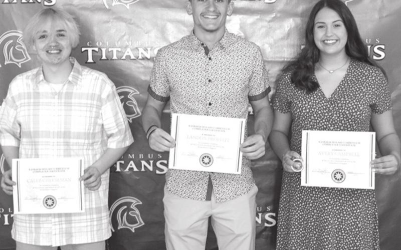 Columbus High School Seniors, Caleb Cheeseman (Kansas Scholar Curriculum); Landon Proffitt (Kansas Scholar Curriculum); and Avery Campbell (Kansas Scholar Curriculum and CNC Academic All League), received recognition at the CUHS Senior Awards Assembly at the high school gymnasium in May.