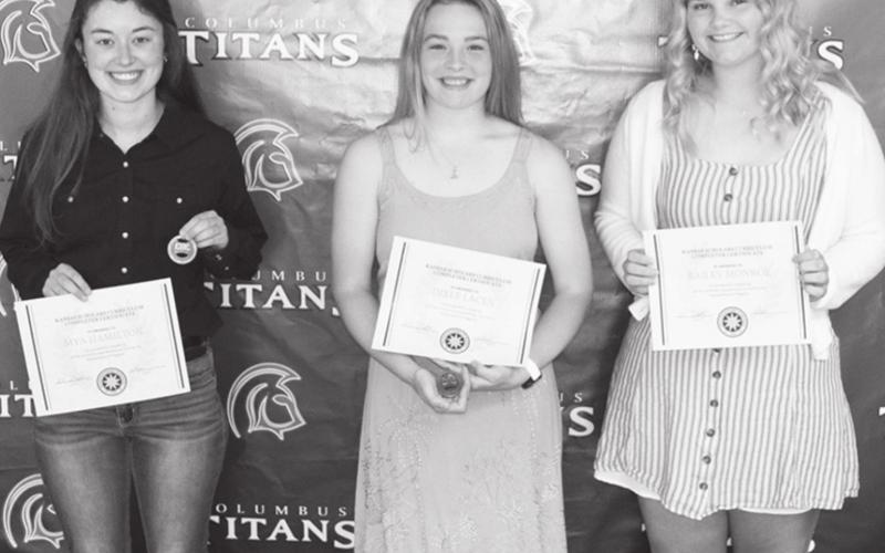 Columbus High School Seniors, Mya Hamilton (Kansas Scholar Curriculum and CNC Academic All League); Dixee Lacen (Kansas Scholar Curriculum and CNC Academic All League); and Bailey Monroe (Kansas Scholar Curriculum) received recognition at the CUHS Senior Awards Assembly at the high school gymnasium in May.