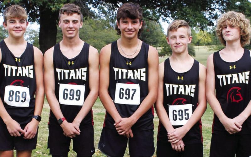The Columbus Cross Country Team hosted the 2023 CNC League Meet. Boys team members are: Easton Long, Levi Simpson, Drake Laurance, Brayden Green, and Kolton Delmont.