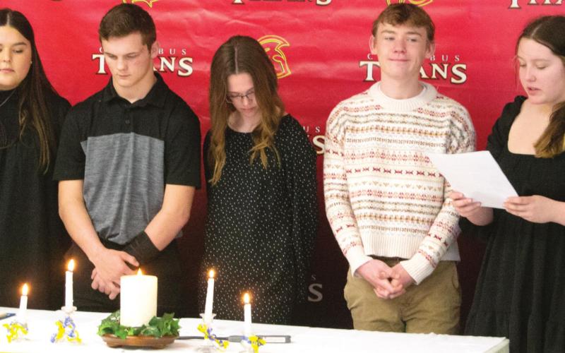 Columbus Unified High School’s National Honor Society inducted nine new students into their organization on March 30. Various members of existing leadership welcomed the new inductees including (left to right) Treasurer Kate Zahm, Vice President Trent Smith, President Lily Mooney, and members Casey Soper and Alexa Parker. Photo by Jacob Spencer.