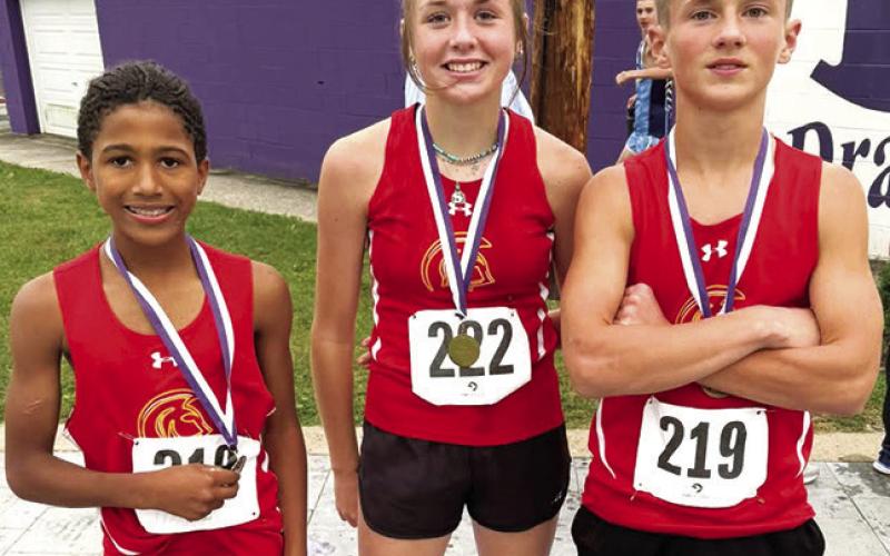Medalists in the Pittsburg Middle School Cross Country Race, Tuesday were: Kai Davis, second place, seventh grade boys; Sammi Ohmart, fifth place, eighth grade girls; and Eli Engelman, seventh place, eighth grade boys. Courtesy photo.