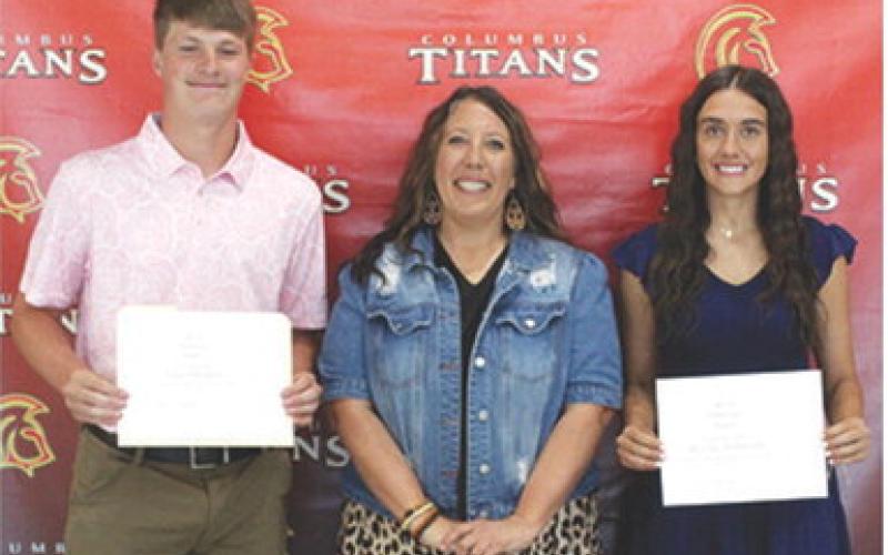 Jace Midgett and Brylie Johnson were each awarded a $150 Difference Maker Scholarship during the 2025 Senior Assembly at the Columbus Unified High School Gymnasium, May 16. Kerri Matson presented the scholarships.