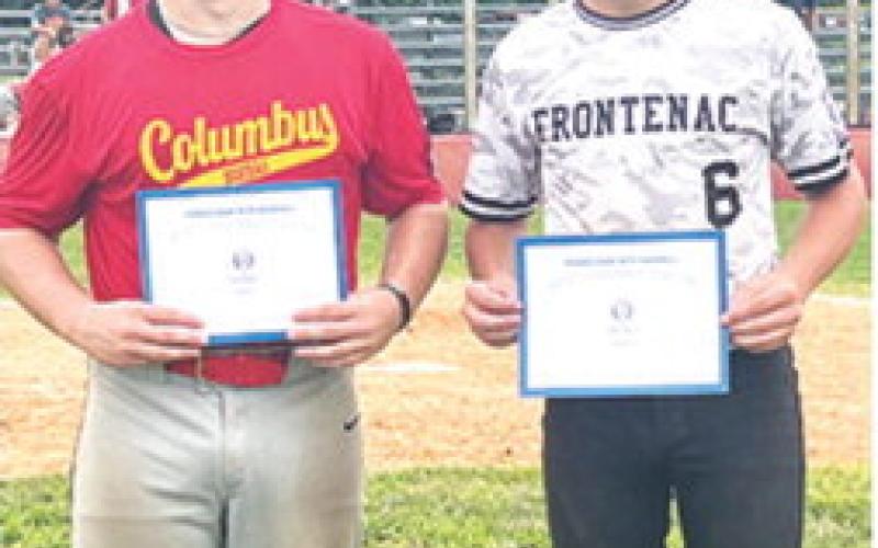 Kash Smith, Columbus, and Nolan Stipp, Frontenac, were chosen as Most Valuable Players for their respective teams in the Kansas Babe Ruth District 5 East 13-16 year-old Tournament, July 12, in Columbus. Frontenac eliminated the Columbus team with a 12-2 win in the loser bracket game. Courtesy photo.