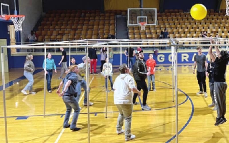 Students attending the Courts of Faith event in Riverton play a game of nine Square before the message. The event was held in Riverton. Photo by Dee Riley.