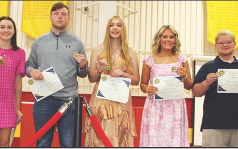 Seniors, Mallory Thompson, Brandon Stice, Anna Head, Kenadie Carter, and Maddox Ochsner were named to the Crawford-Neosho-Cherokee (CNC) League All-Academic Team during the Columbus Unified High School 2025 Senior Assembly, May 18, at the CUHS Gymnasium. The awards were presented by High School Principal, Dan Grundy.