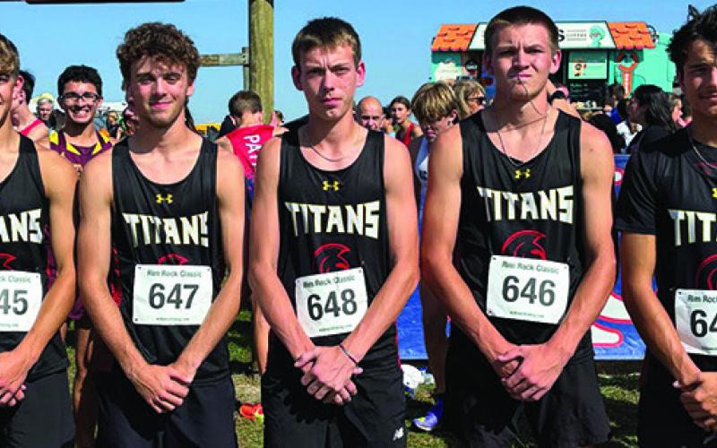 The Columbus Titan Cross Country Team ran in the prestigious Rim Rock Ranch Classic Race, September 27, in Lawrance. The Titans held their own in a large field of 503 competitors. Juniors, Easton Long, Levi Simpson, Carter Woodcock, Dane Merrick, and Drake Laurance completed the 5K run for the Titans. Courtesy photo.