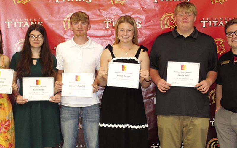 Columbus Unified High School Senior Students receiving the Great Gorilla Scholarship from Pittsburg State University Representative, Colin Coronado are: Darcy Garrett ($3,000), Kiara Goff ($1,500), Hunter Ruddick ($3,000), Trinity Green ($4000), and Austin Ash ($1,500). The scholarships were awarded at the CUHS Senior Assembly, May 15, at the high school gymnasium. Trinity Green also received a PSU Gibson Brunson Scholarship in the amount of $700.