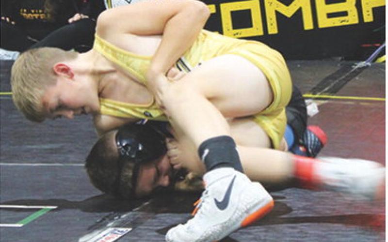 Lucas Natalini has the upper hand in his match at the Cowboy Rumble Wrestling Tournament in Branson, Mo., August 2-3. Courtesy photo.
