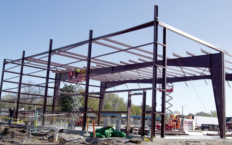Construction continues on the new Baxter Springs Fire Station as the steel begins to take the shape of building. Construction is being handled by Crossland Construction.