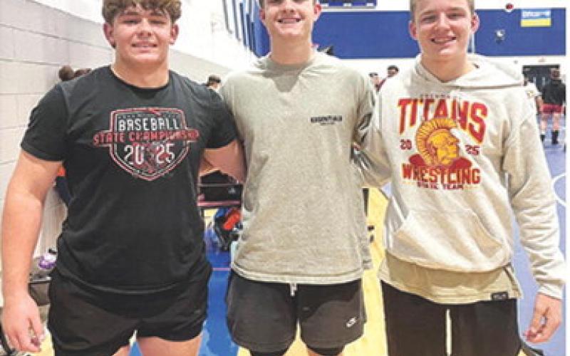 Columbus Titan Wrestlers, Kash Smith, Mason O’Banion, and Chase Pelt, were at Gardner Edgerton High School over the weekend to wrestle in the Summer Scuffle Dual Tournament. Mason swept his weight class with a nine wins, Kash had eight wins and one loss, and Chase finished with a 5-4 record. Courtesy photo.