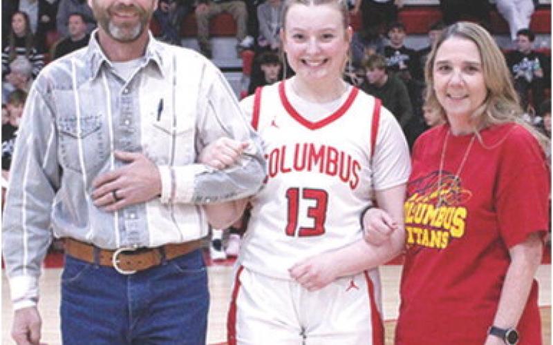 Lady Titan Senior, Trinity Green, was recognized during Senior Night at the Titans final home game against Frontenac, Monday night at the CUHS Gymnasium. Trinity is a four-year member of the Lady Titan Basketball Team. She was escorted by her parents Todd and Ryan Lacen.