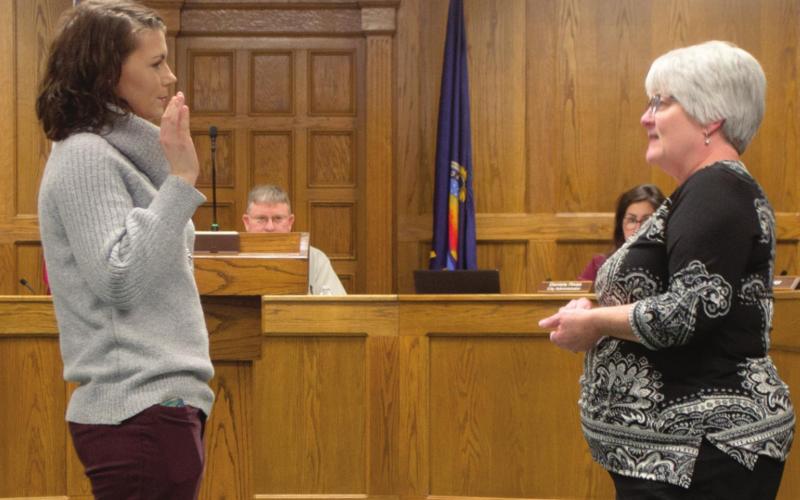 Lindsay Shoemaker, the newly appointed Columbus City Council Ward 2 Member, is sworn in as part of Monday night’s City Council meeting by City Clerk Cherri Chancellor. Shoemaker has been a resident of Columbus since 2015 and is excited to be a part of the City Council. Photo by Jacob Spencer.