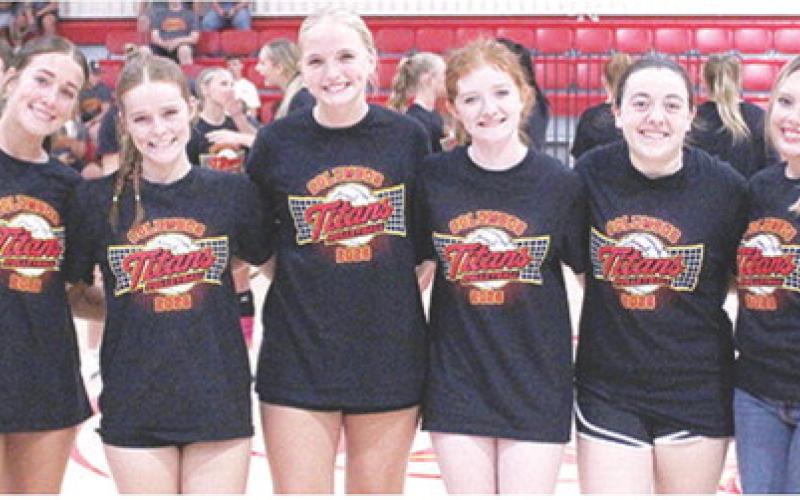The Columbus Lady Titan Volleyball Team was introduced during Meet the Titans, August 21 at the CUHS Gymnasium. Senior members of the team are Tatum Kirk, Bentley Townsend, Landrey Perry, Kennedy Reichardt, Ava Allison, and Shea Carter. The Lady Titans hosted Neodesha and Cherryvale last night and travel to Galena, Tuesday, for a triangular meet with Liberal, Mo. First serve is at 5 p.m.