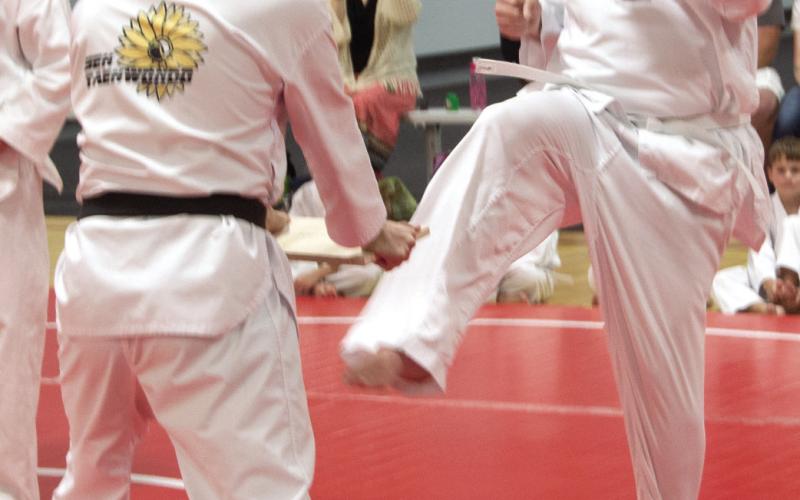 Master Vigil holds the board as student Joshua Zustiak breaks the board to qualify for his yellow stripe belt.