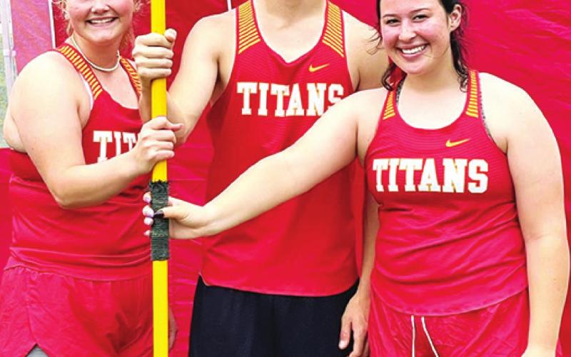 Three Senior Titan Javelin Throwers earned a trip to the Kansas Class 3A State Track and Field Meet with their placings at the 3A Regional Meet in Fredonia, Friday. Bailey Monroe threw for first and a regional champion title, Sylas Stone and Paige Zahm placed third and fourth respectively and will be traveling to Wichita, Thursday for the Friday KSHSAA State Meet. Courtesy photo.