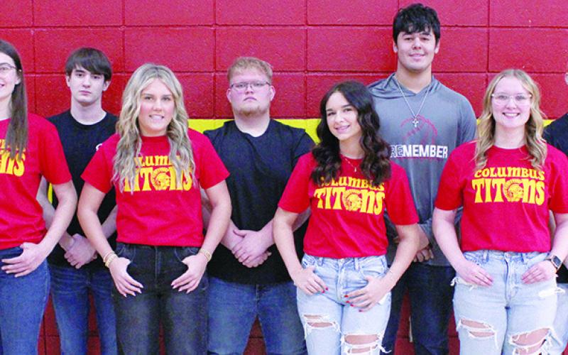 Members of the Columbus Unified High School Senior Class have been named to the 2025 Winter Homecoming Court. Queen candidates on the front row are: Casey Dietz, Kenadie Carter, Allison Burns, and Chloe Rogers. Senior escorts for the candidates are: Lydon Lovesee, Maddox Ochsner, Rece Ponce, and Korbyn Newberry. The 2025 queen will be crowned during ceremonies at the CUHS home basketball game, Friday, at half time of the boys varsity game against Frontenac at the high school gymnasium..