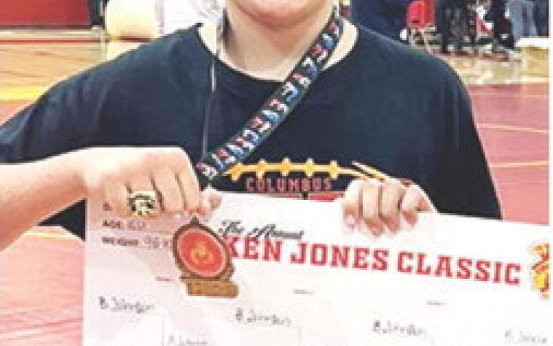 Briggs Johnson was a winner in the Sixth Annual Ken Jones Classic Wrestling Tournament, December 22, in the CUHS Gym. Briggs won the 10U, 95100 division with three falls. Courtesy photo.