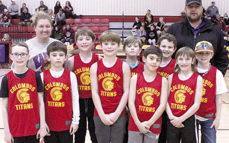 The Columbus Recreation League Fourth Grade Titans were introduced February 11 during the CUHS Titan Basketball home games at the high school gymnasium. Team members are: Kamden Sallee, Jaxsyn Robinson, Westin Patton, Wyatt Patton, Bryson Delmont, Carter Long, Gus Garrison, Phoenix Rider, and Lee Snow. The team is coached by Robynn Snow and Zack Robinson.