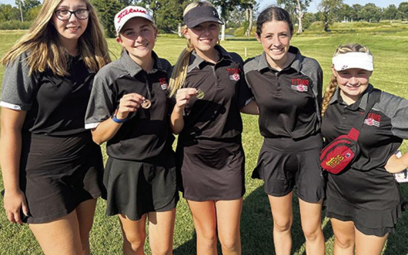 Four members of the 2023 State Qualifying Lady Titan Golf Team are returning for the 2024 season with hopes of repeating that appearance. Seniors, Anna Head and Mallory Thompson and sophomores, Natalie Wary and Amory Neely are looking for a return to the Kansas Class 3-1A State Tournament. Newcomer, Hannah Noel, sophomore, not shown, is hoping to file the slot left by 2024 graduate, Reece Grundy, center.