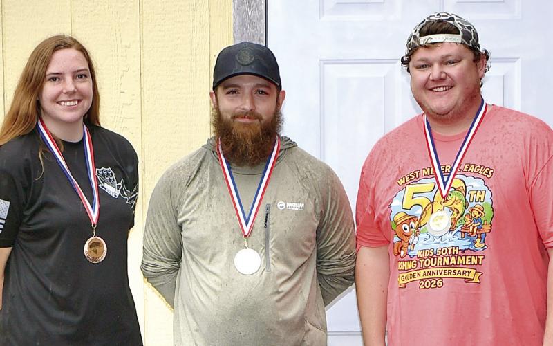 Winners of the adult bass division at the West Mineral Eagles fishing tournament were Austin Wilksen, first, 6.04 pounds; second Keith Waltrip, 5.43 pounds and Lindsley Bass, 5.12 pounds. Courtesy photo.