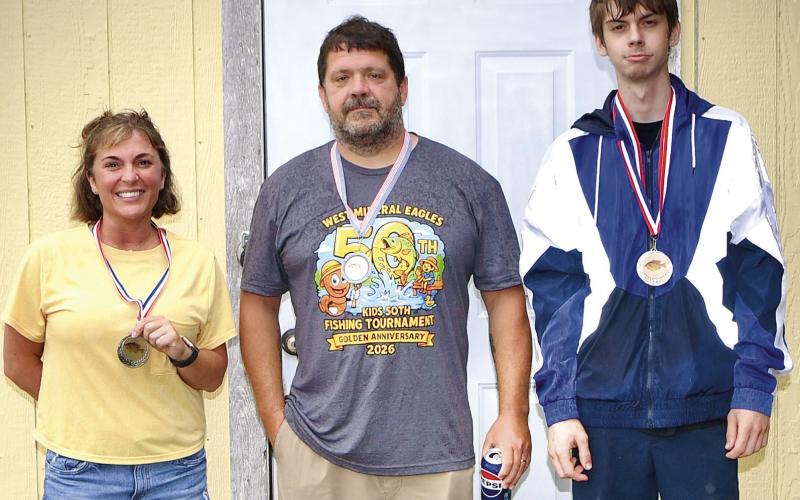Winners of the West Mineral Eagles fishing tournament in the adult perch division were Cara Johnson, first, .71 pounds; Adam Ellison, second, .66 pounds and John Perry, third, .6 pounds. Courtesy photo.