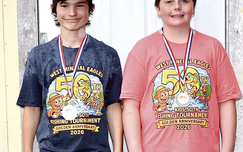 At the 50th annual West Mineral Eagles fishing tournament, winners in the ages 11-15 perch division were Dylan McMinn, first, .68 pounds and second place James Parker, .46. pounds. Not pictured Jase Webster was third with a weight of .6 pounds. Courtesy photo.
