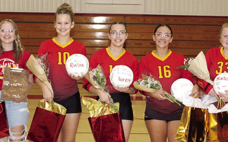 The Columbus Lady Titan Volleyball Team ended their season at the Kansas Class 3A, Regional 2 Tournament, Monday in Girard. Senior members of the team were recognized recently at a team senior night and will be introduced at the All-School Fall Activities Senior Night tonight at 6:30 p.m. prior to the home football game against Parsons. Kickoff is at 7 p.m. Volleyball seniors are Destynne Goff, Chloe Rogers, Ruby Stover, Torey Tedlock, Katy Mooney, Madisen Rand, and Carlotta Galasso.